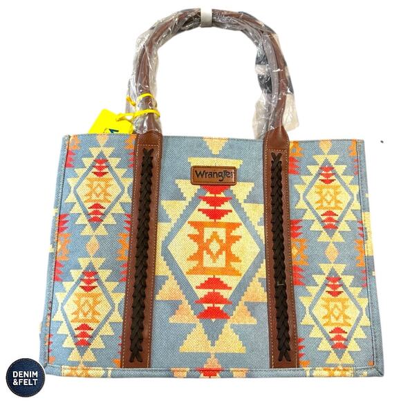 NEW Wrangler Southwestern Aztec Print Canvas Large Tote Shoulder Bag Light Blue - Picture 7 of 8